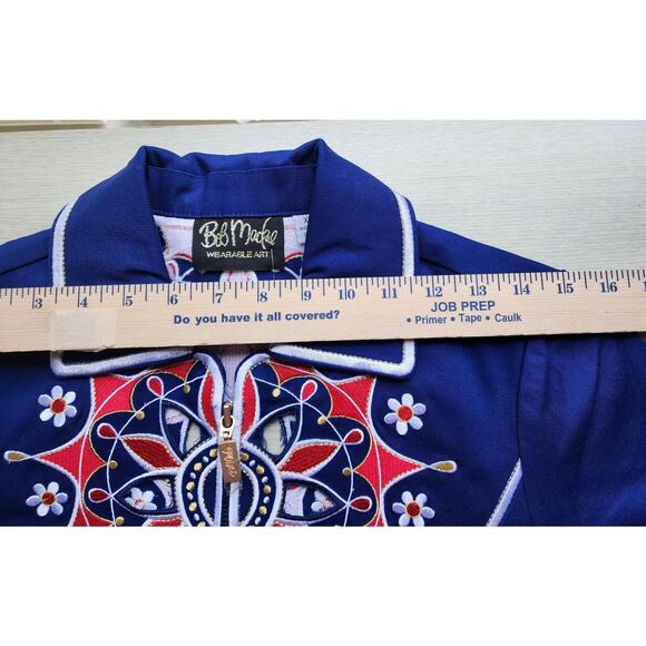 TOP-BOB MACKIE WEARABLE ART-Blue Red-Embroidery-Zipper-Cut Outs-SIZE XSMAL-NWT - Picture 11 of 16